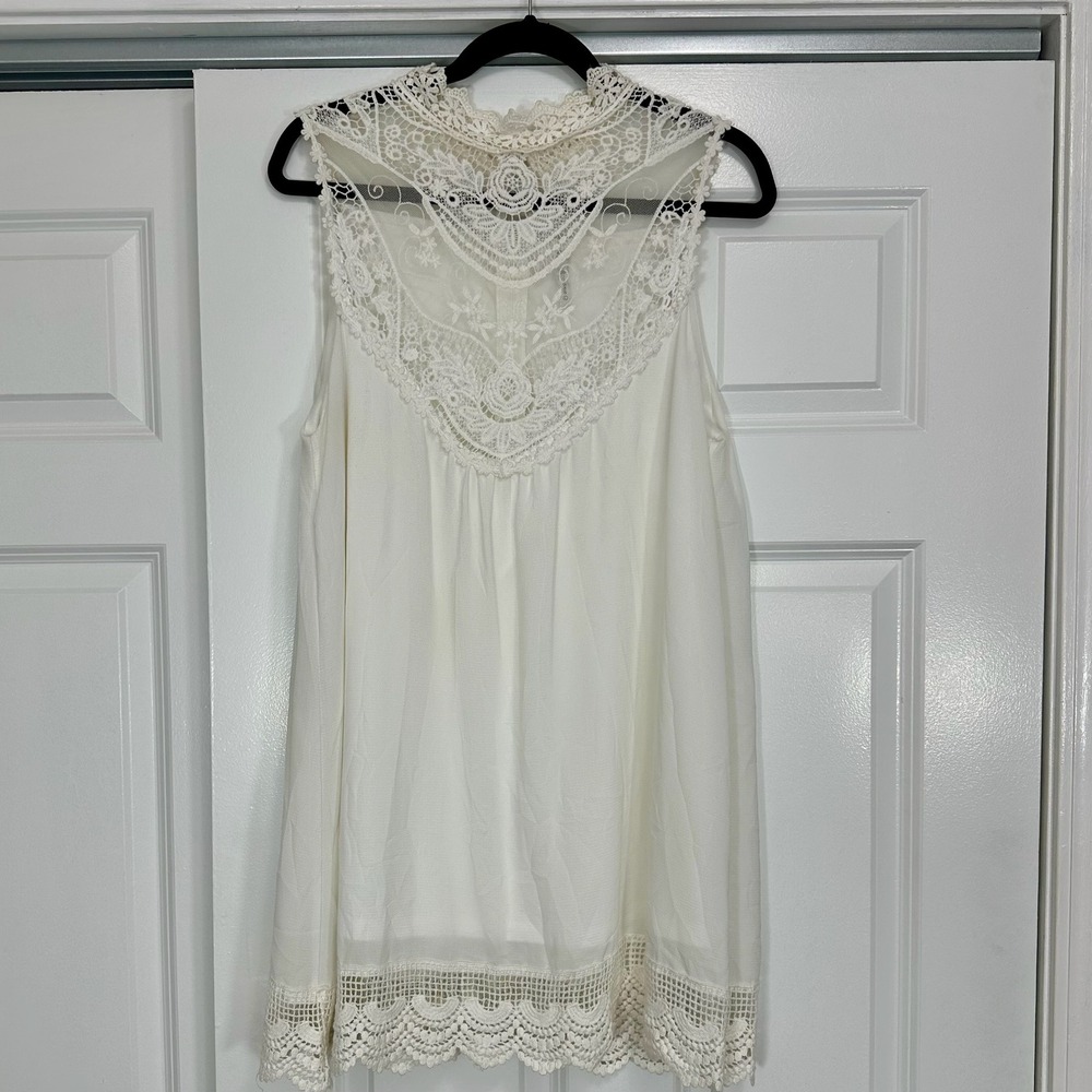 Bohemian Lace Mock Neck Sleeveless Mini Dress Boho Cream White Crocheted Trim